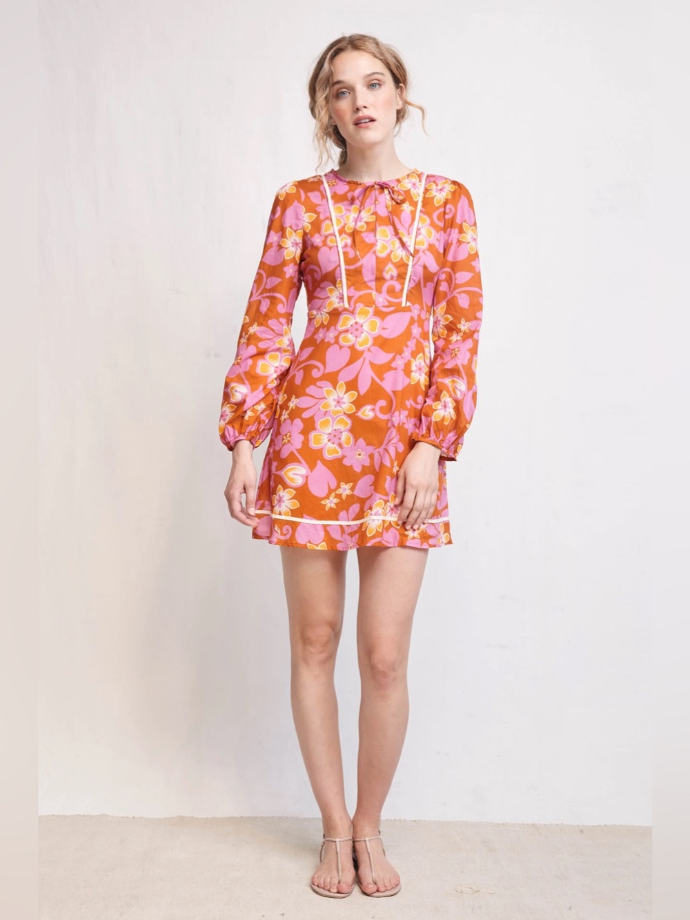 WARM Chelsea Floral Mini Dress Clay Pink Retro 60s Mod Puff Sleeve Medium M